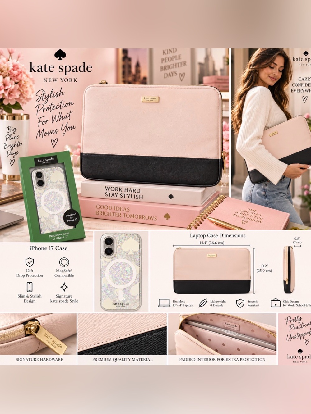 kate spade Pink and Black Laptop Sleeve with iPhone case 17